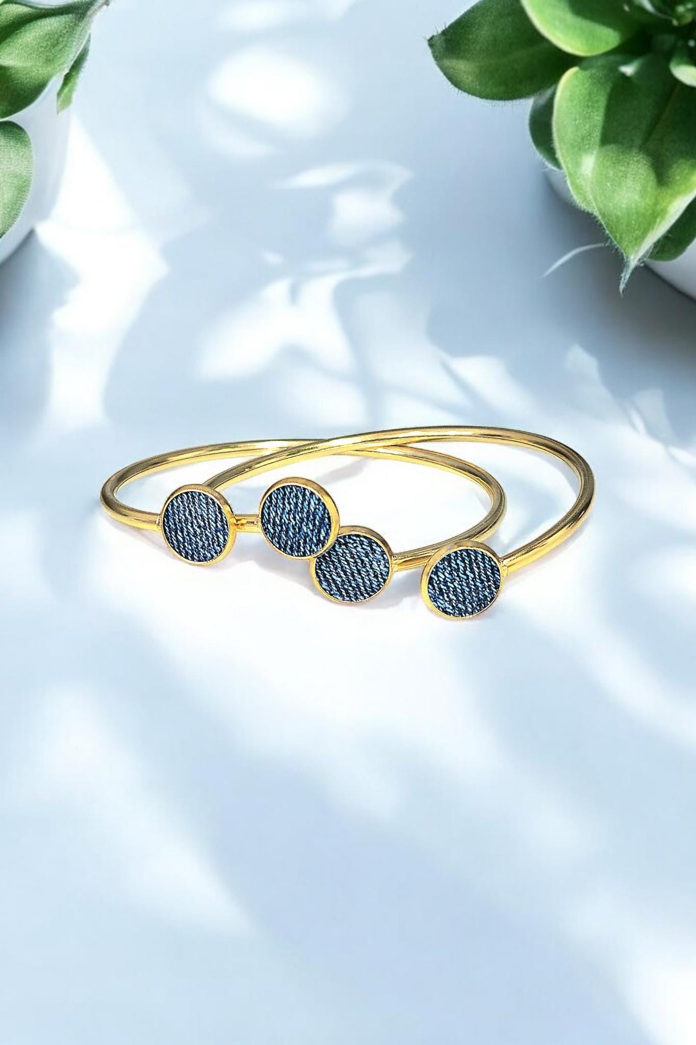 Denim Bangle Bracelet- Med Round pendant twist 18k gold stainless denim jeans