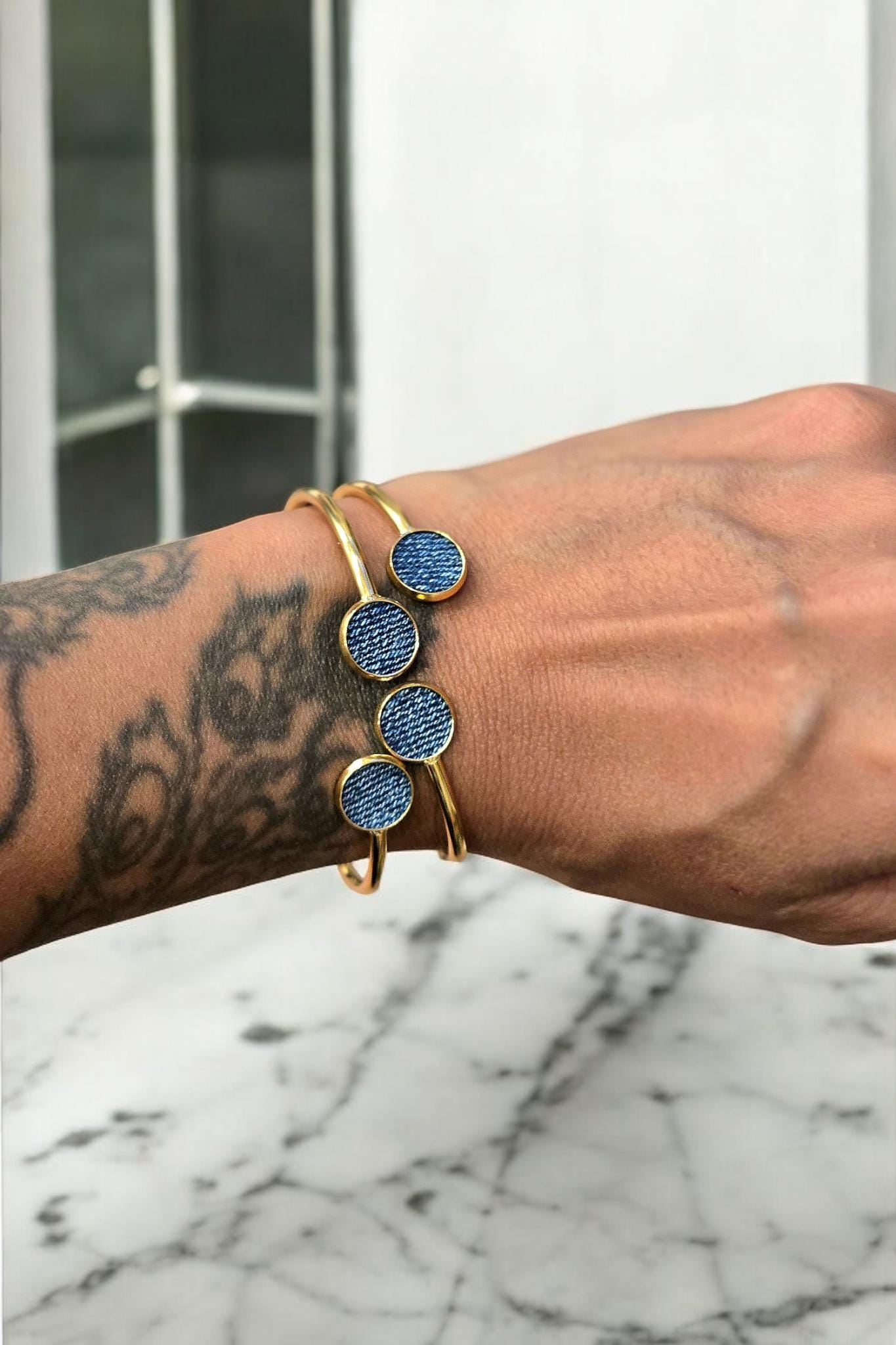 Denim Bangle Bracelet- Med Round pendant twist 18k gold stainless denim jeans