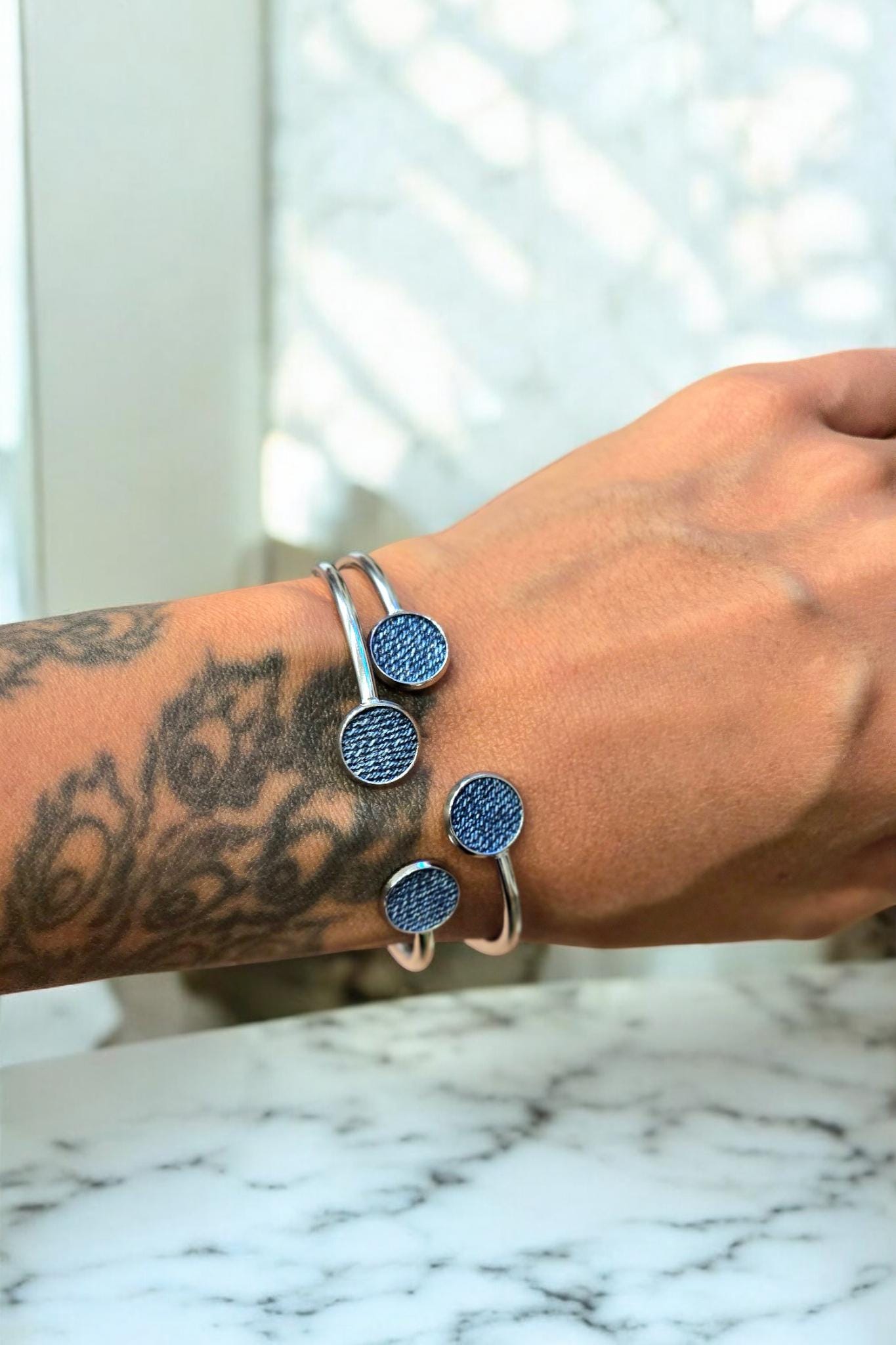 Denim Bangle Bracelet- Med Round pendant twist stainless denim jeans