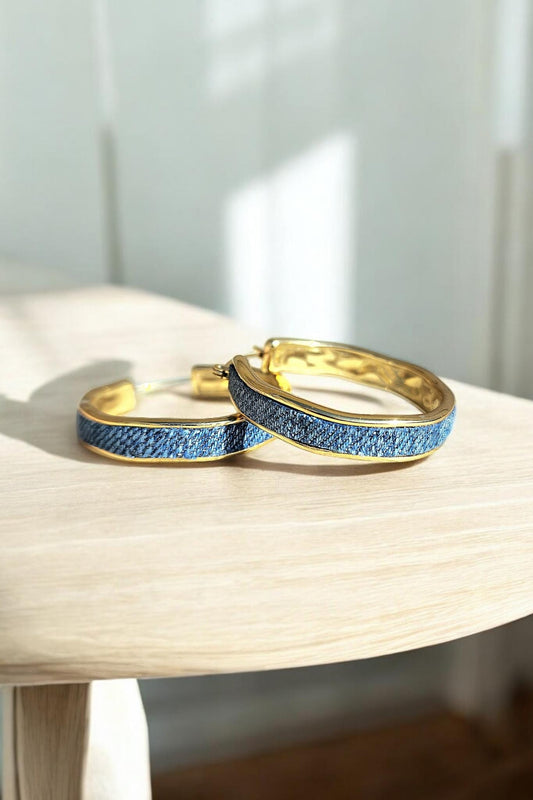 Denim Earrings- Denim hoop jean earrings Med washed GOLD