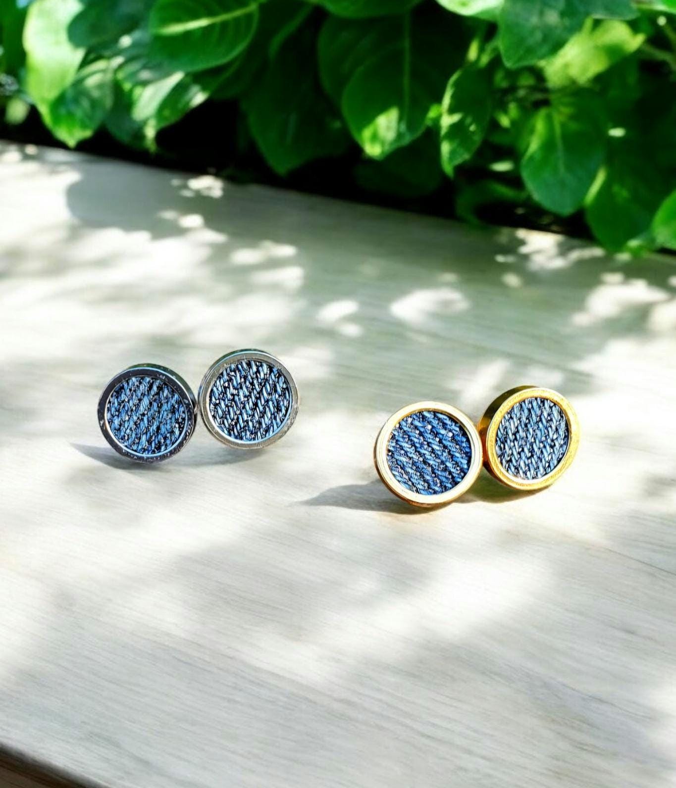 Denim Earrings- Bold Round 8mm Pendant Jean Stud
