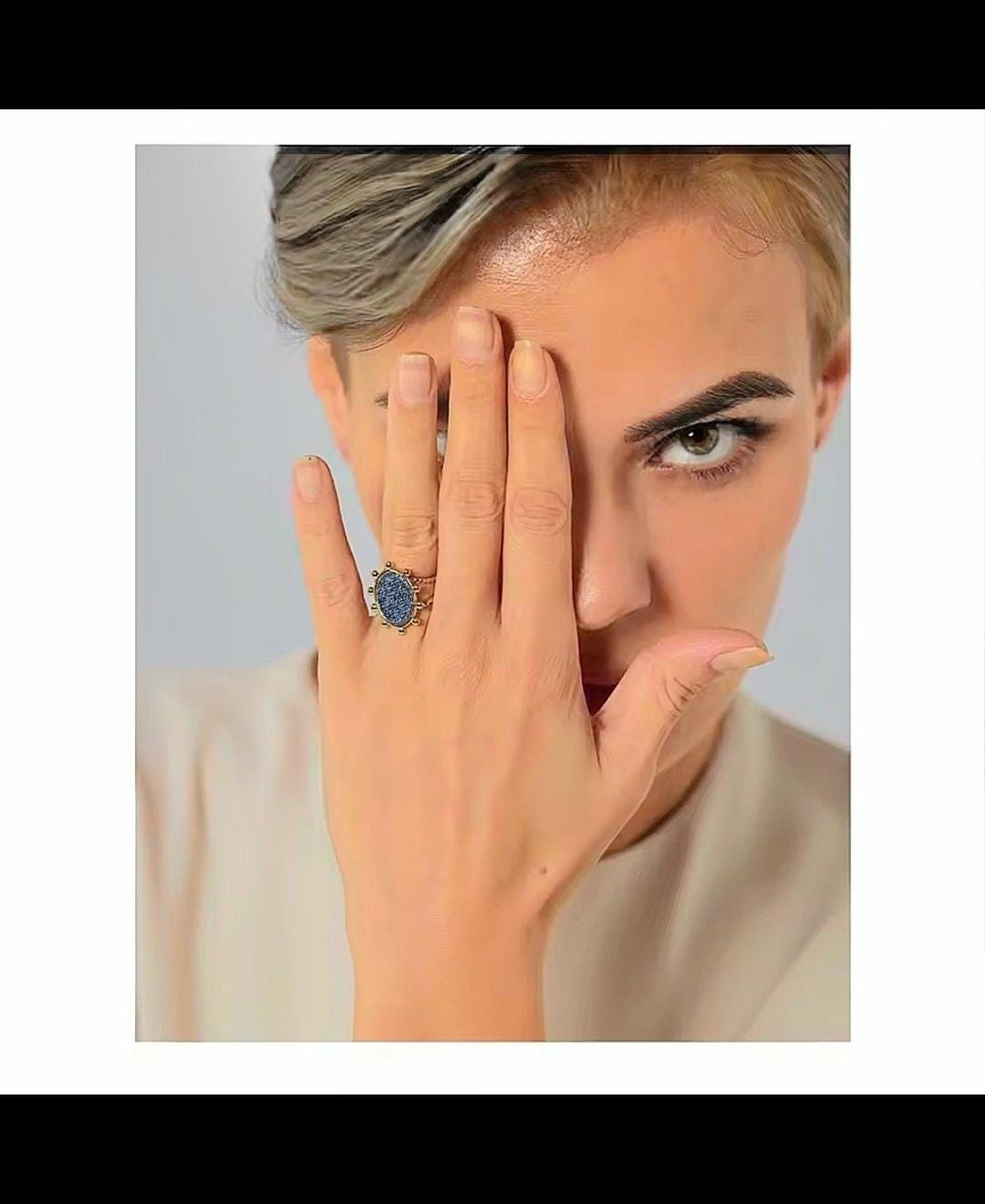 Denim Ring- Oval ball fan 18k gold stainless steel adjustable finger Jean Ring