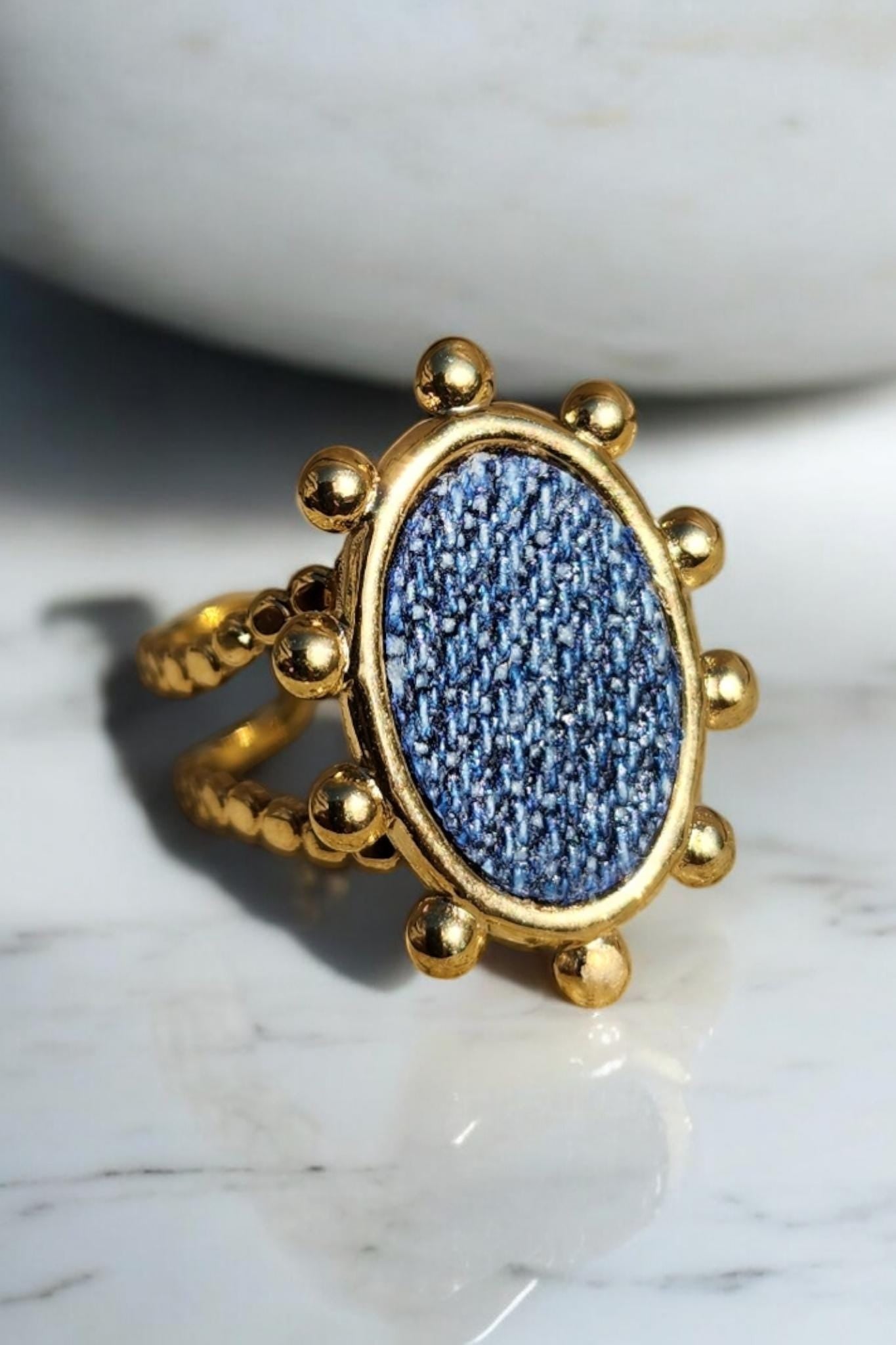 Denim Ring- Oval ball fan 18k gold stainless steel adjustable finger Jean Ring