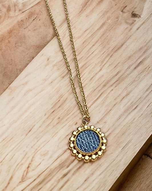 Denim Necklace- Stainless steel 18K gold round denim daisy Pendant thin chain choker