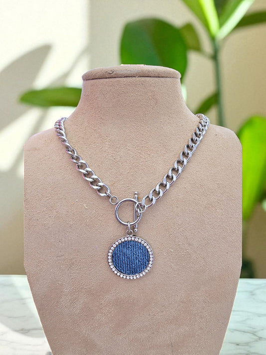 Denim Necklace- Silver stainless steel round rhinestone denim Pendant thick chain choker