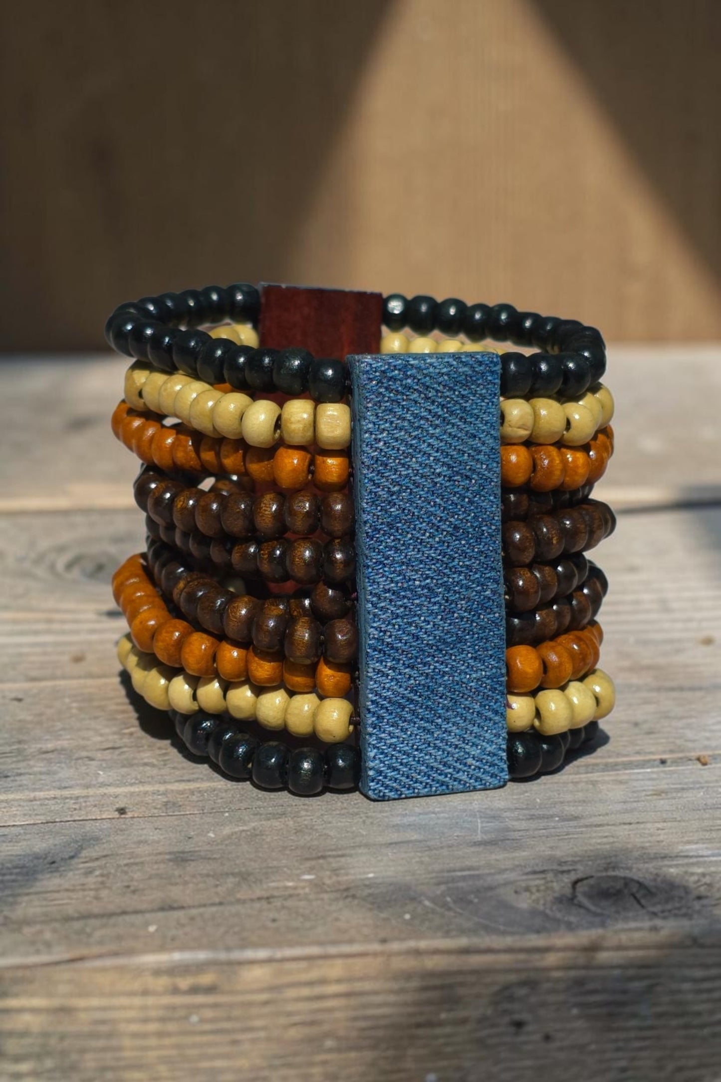 Denim Bracelet- Multi tone wood bead cuff