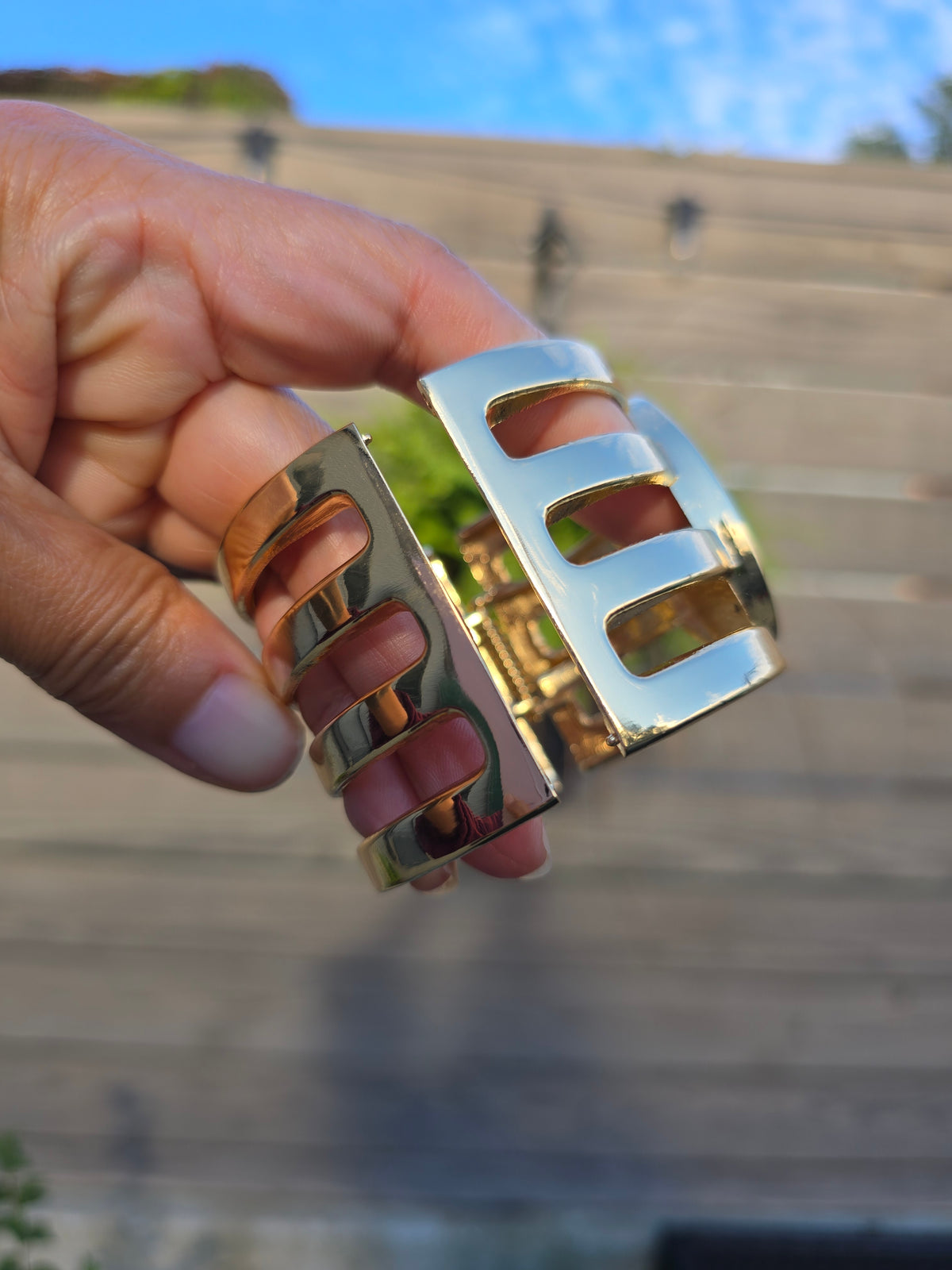 Denim Bracelet- Large gold plated cage jean cuff bracelet