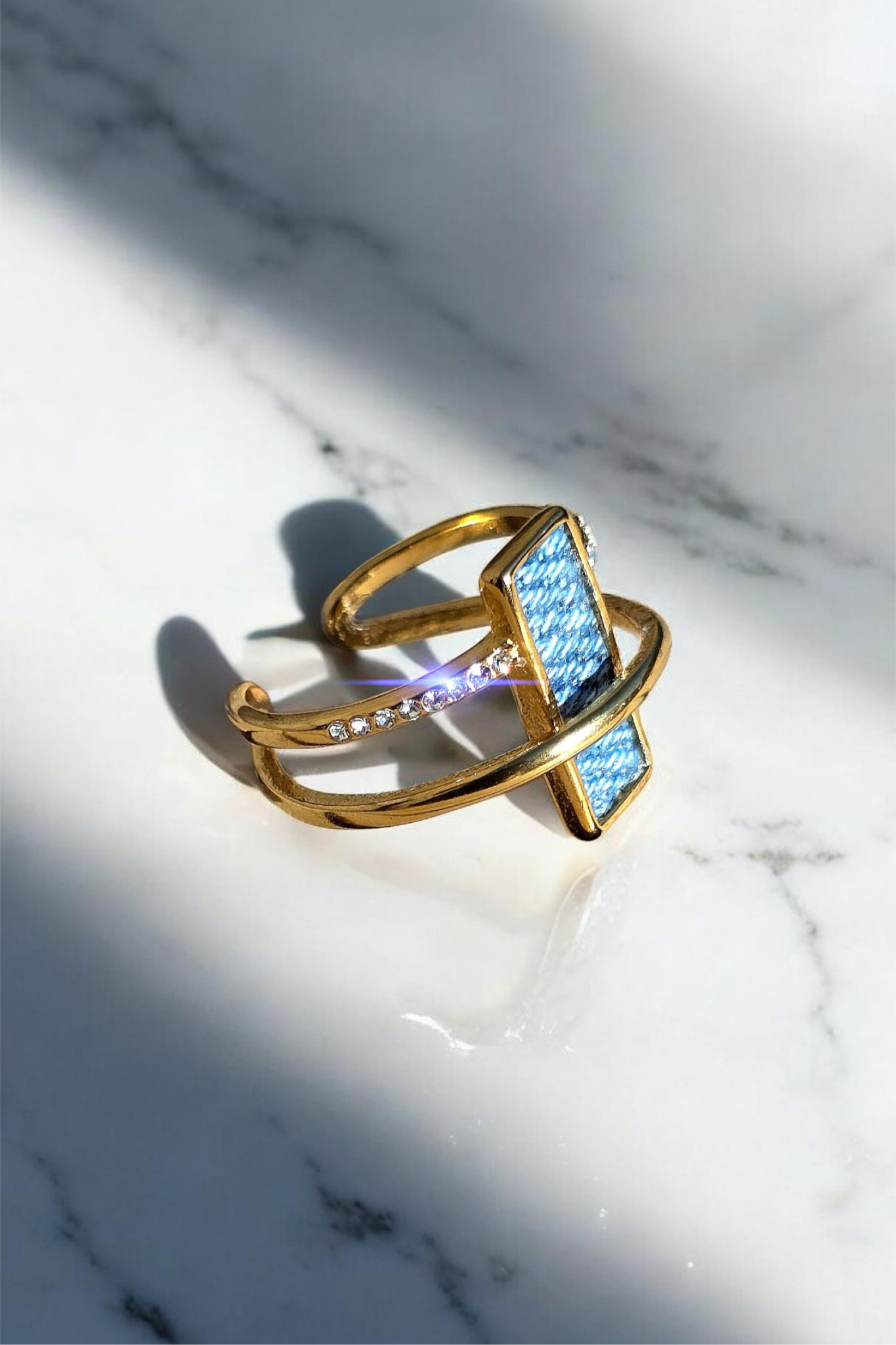 Denim Ring- crystal halo rectangle stainless steel adjustable finger Jean Ring