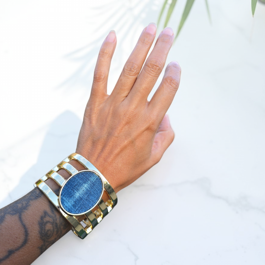 Denim Bracelet- Large gold plated cage jean cuff bracelet