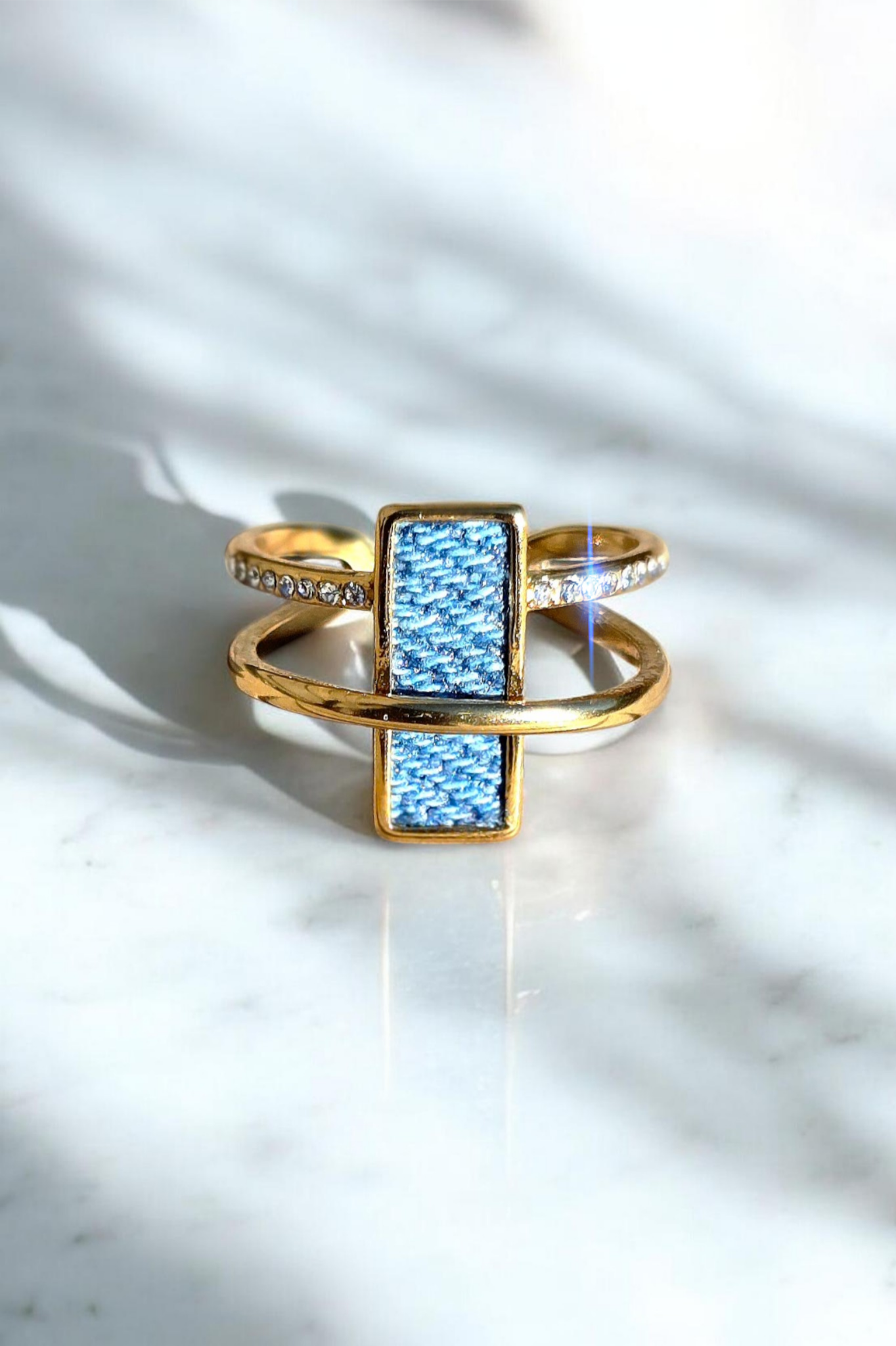 Denim Ring- crystal halo rectangle stainless steel adjustable finger Jean Ring