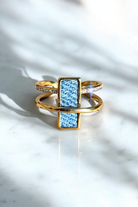 Denim Ring- crystal halo rectangle stainless steel adjustable finger Jean Ring
