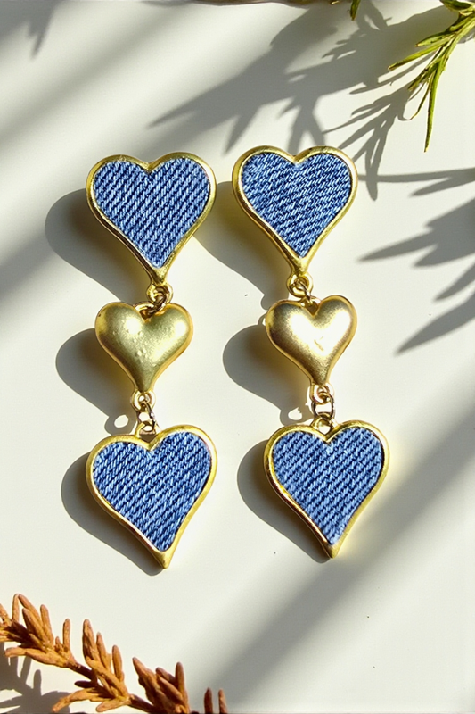 Denim Earrings- 3 tier heart dangle post pendant gold plated Jean