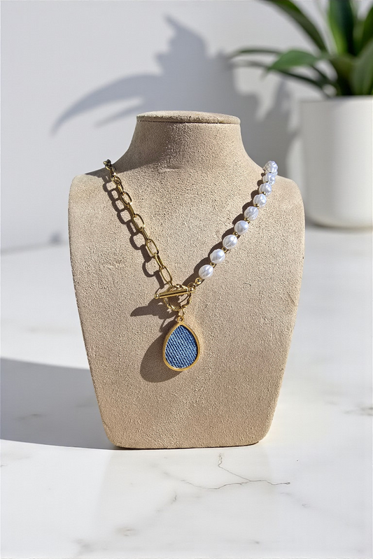Denim Jean Necklace- Simulated pearl and dapped cable 18k Gold choker chain w tear drop pendant