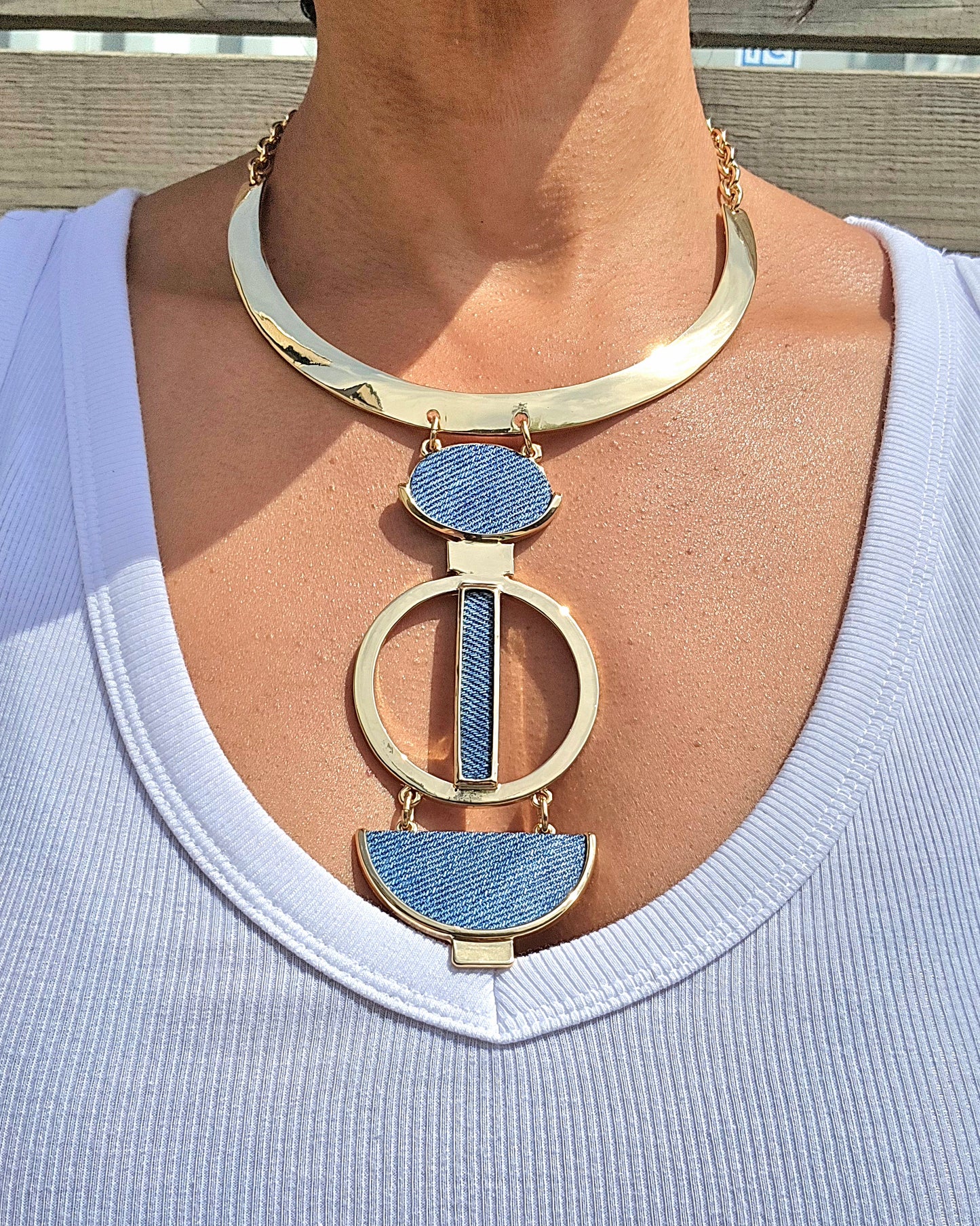 Denim Jean Necklace- Statement Tri pendant gold plated choker