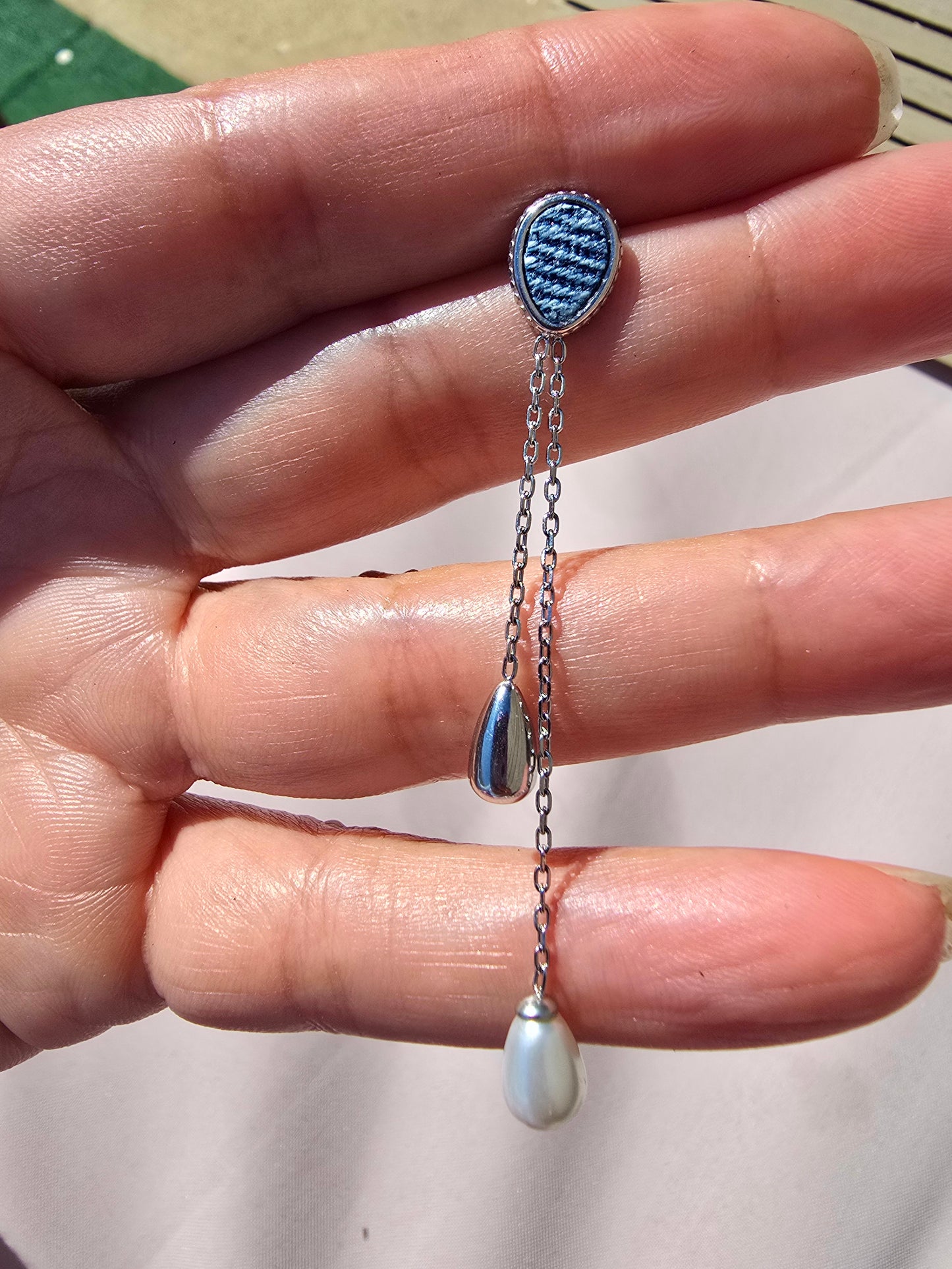 Denim tassel Earrings- Stainless drop pearl stud Jean