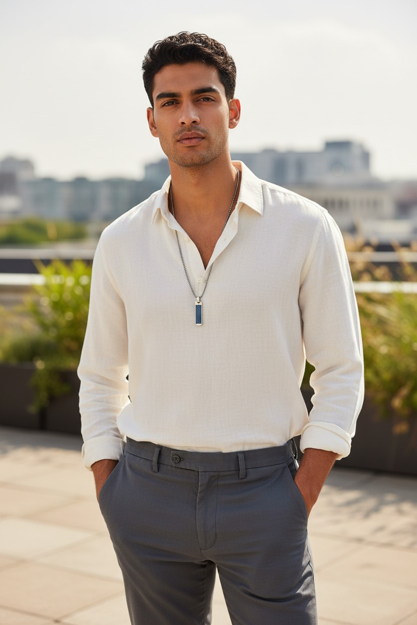 Denim Necklace- Masculine Stainless steel vertical rectangle Denim Pendant chain