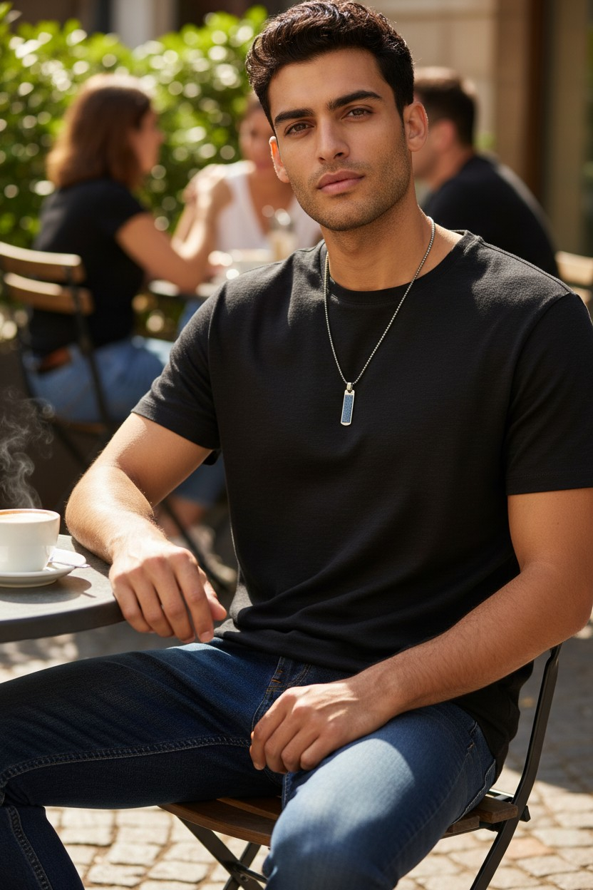 Denim Necklace- Masculine Stainless steel vertical rectangle Denim Pendant chain