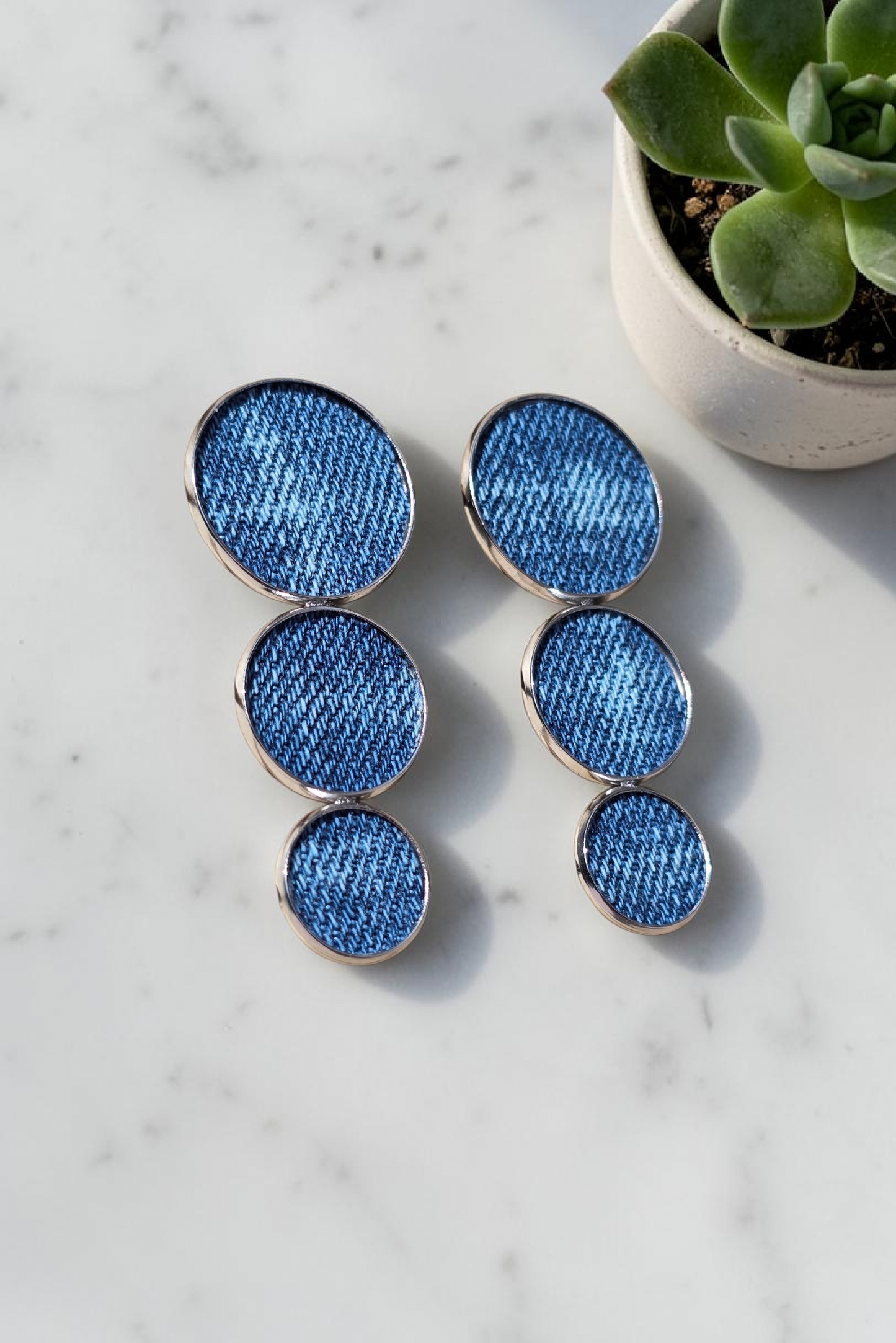 Denim Earrings- Round triple disc stud jean