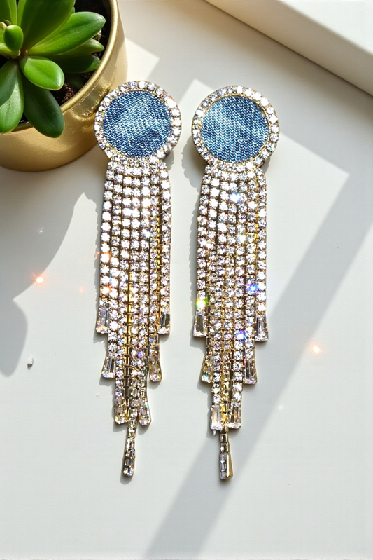 Denim jean round Stud rhinestone Tassel Earrings- Gold plated