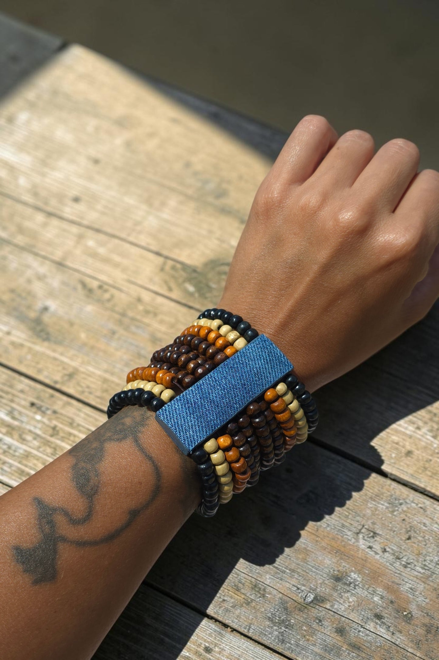 Denim Bracelet- Multi tone wood bead cuff