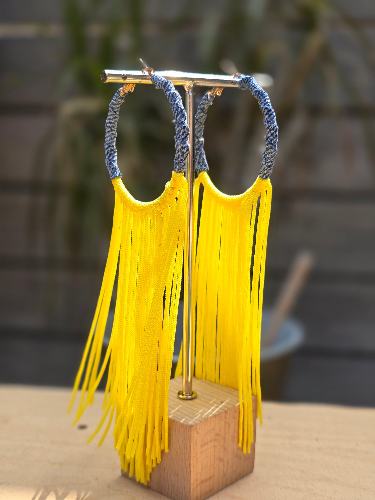 Denim jean hoop- Fabric tassel Earrings- Gold plated