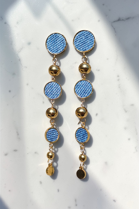 Denim stainless steel round post and ball long dangle Earrings- Gold