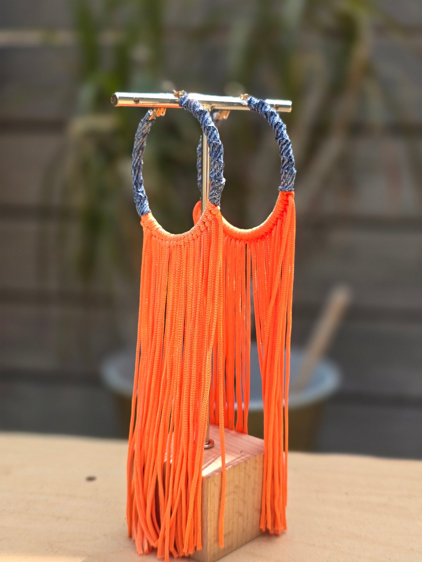Denim jean hoop- Fabric tassel Earrings- Gold plated