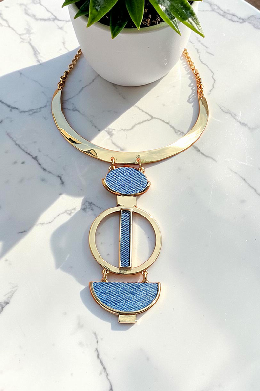 Denim Jean Necklace- Statement Tri pendant gold plated choker