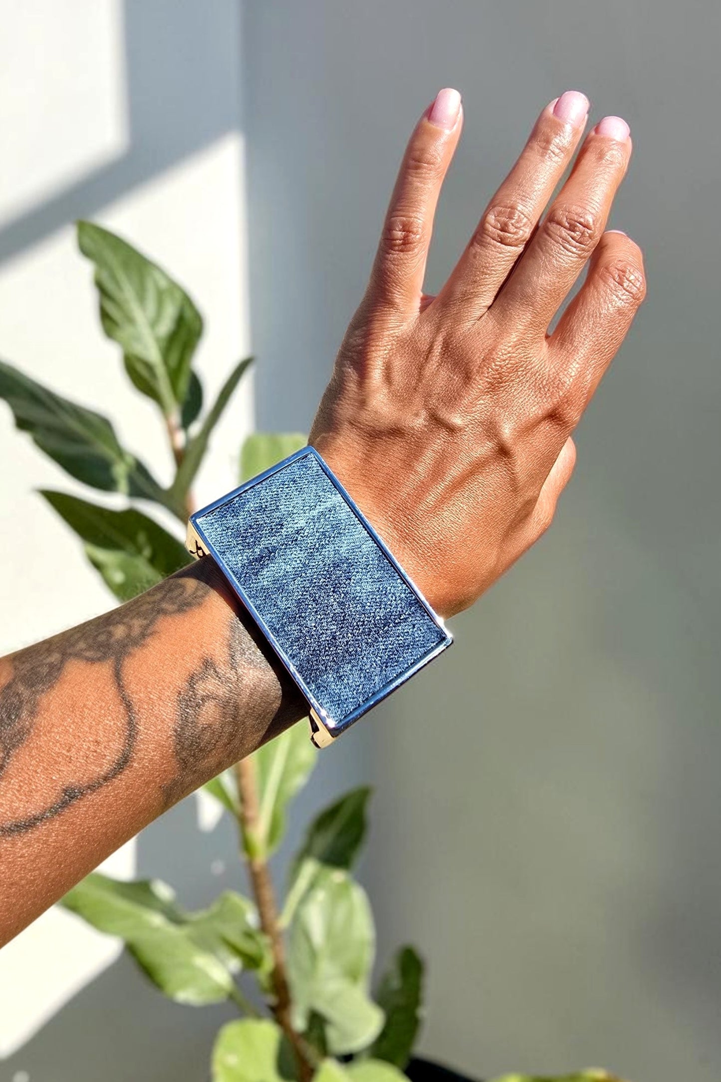 Denim Bracelet- Oversized plated rectangle jean cuff bracelet