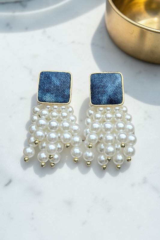 Denim Square Stud Bead Tassel Earrings- Gold plated Jean PEARL