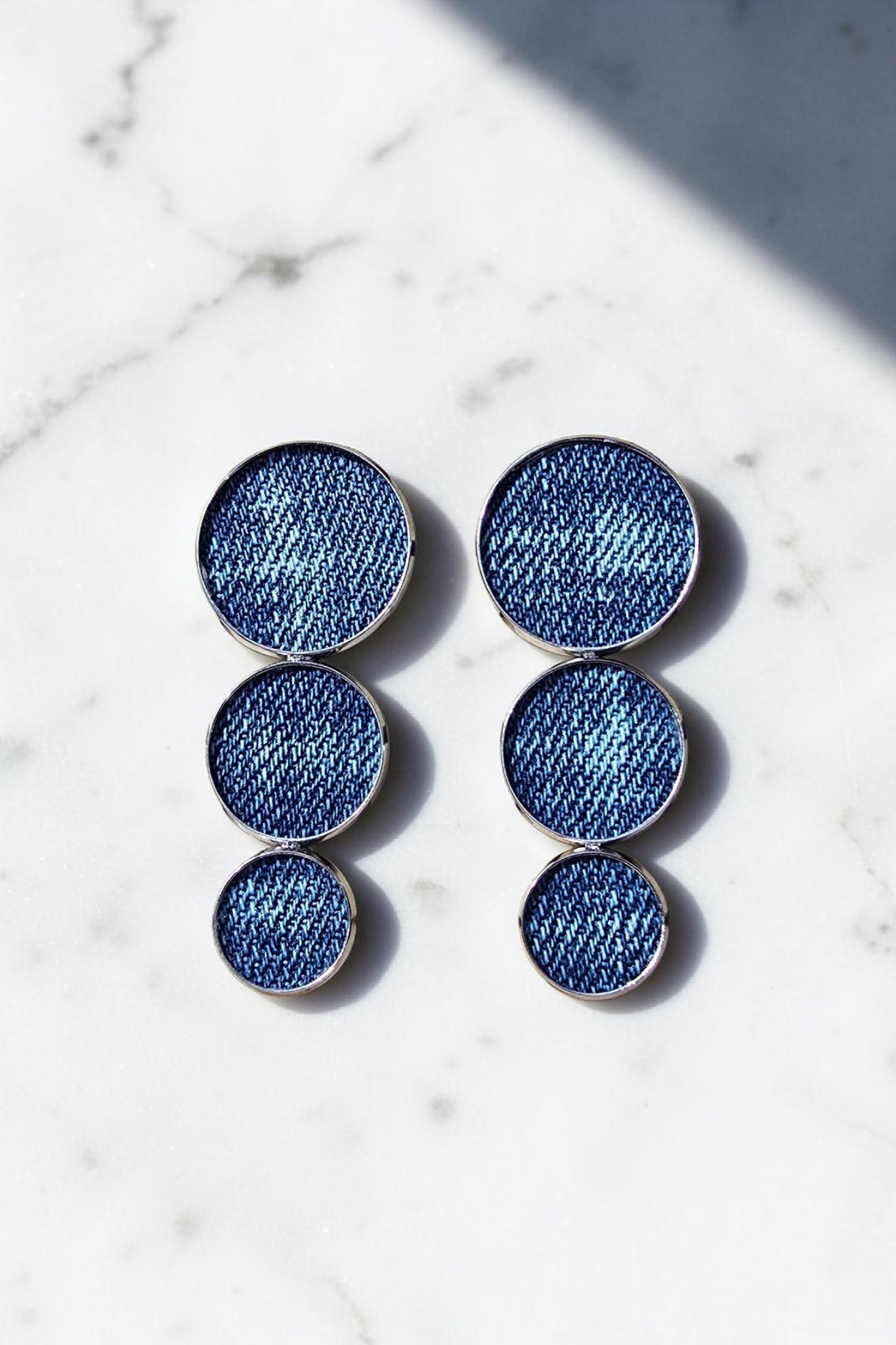 Denim Earrings- Round triple disc stud jean