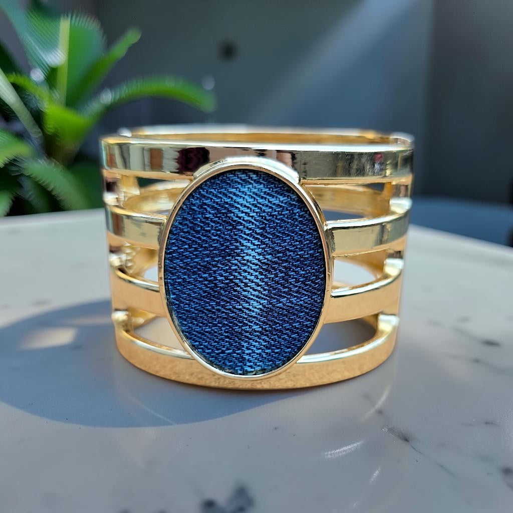 Denim Bracelet- Large gold plated cage jean cuff bracelet