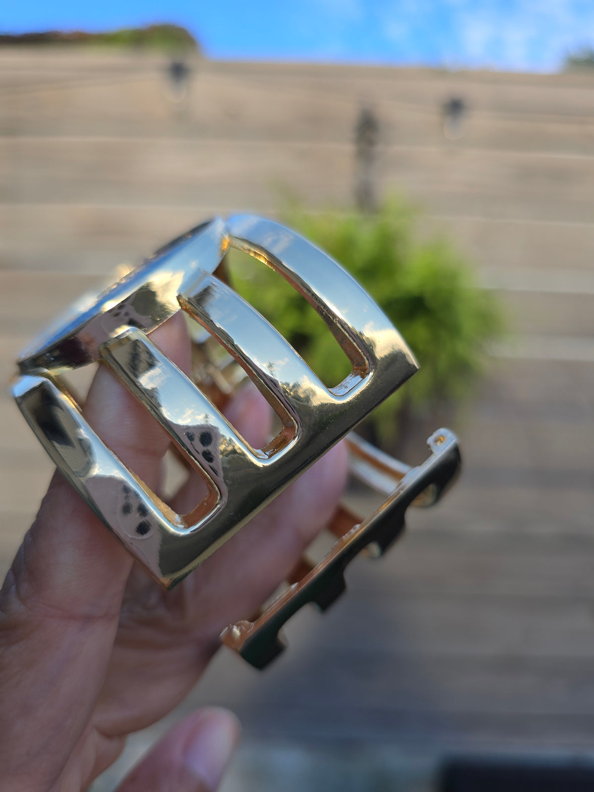 Denim Bracelet- Large gold plated cage jean cuff bracelet