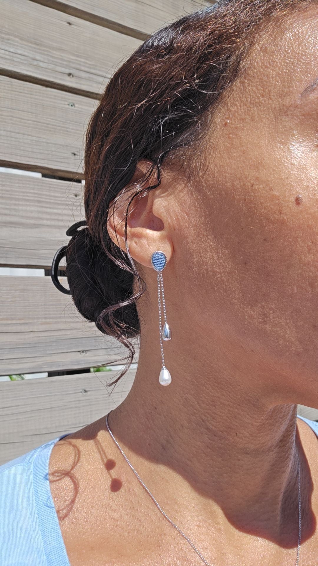 Denim tassel Earrings- Stainless drop pearl stud Jean