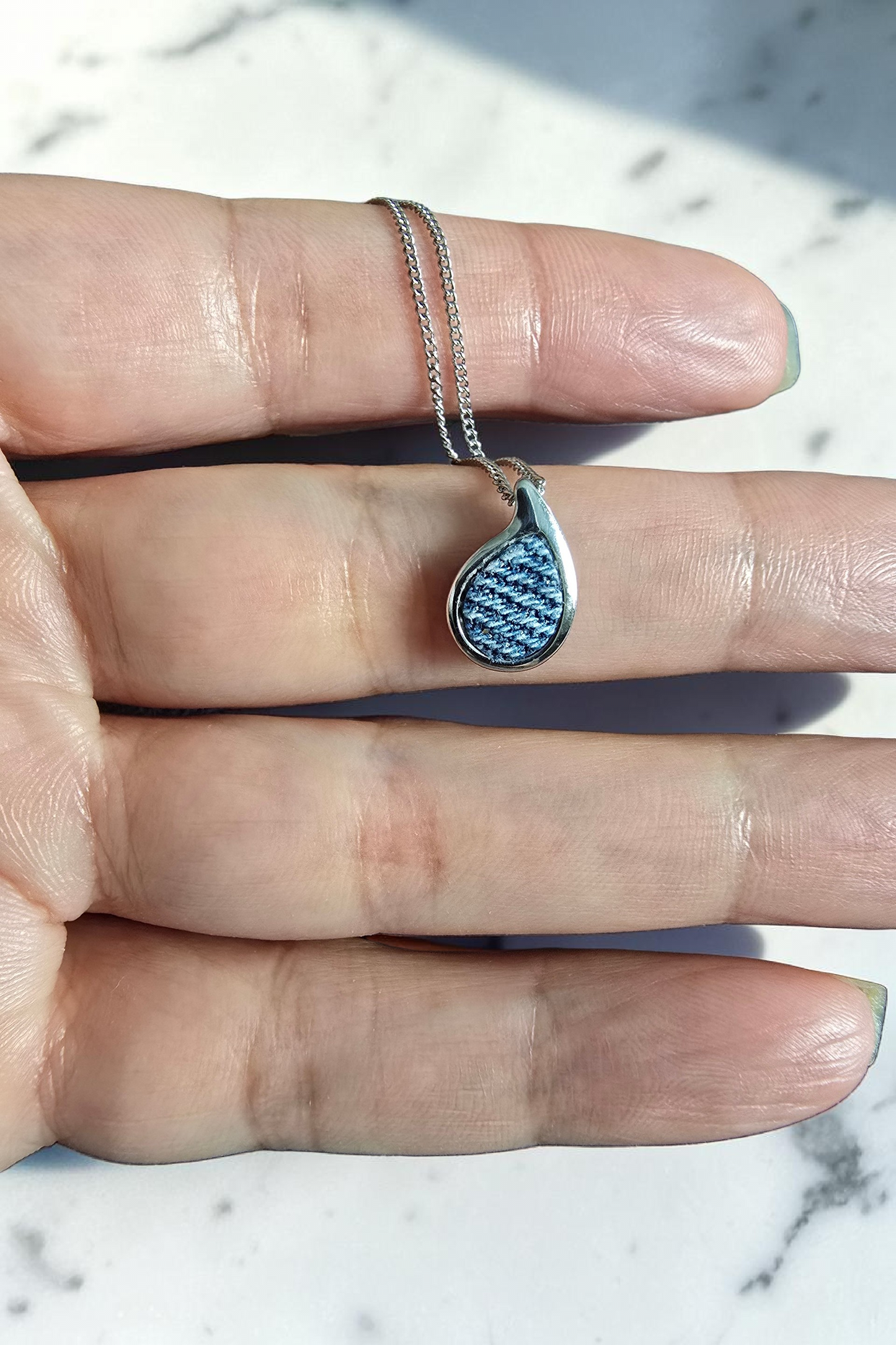 Denim Necklace- Stainless steel mini drop pendant thin chain choker