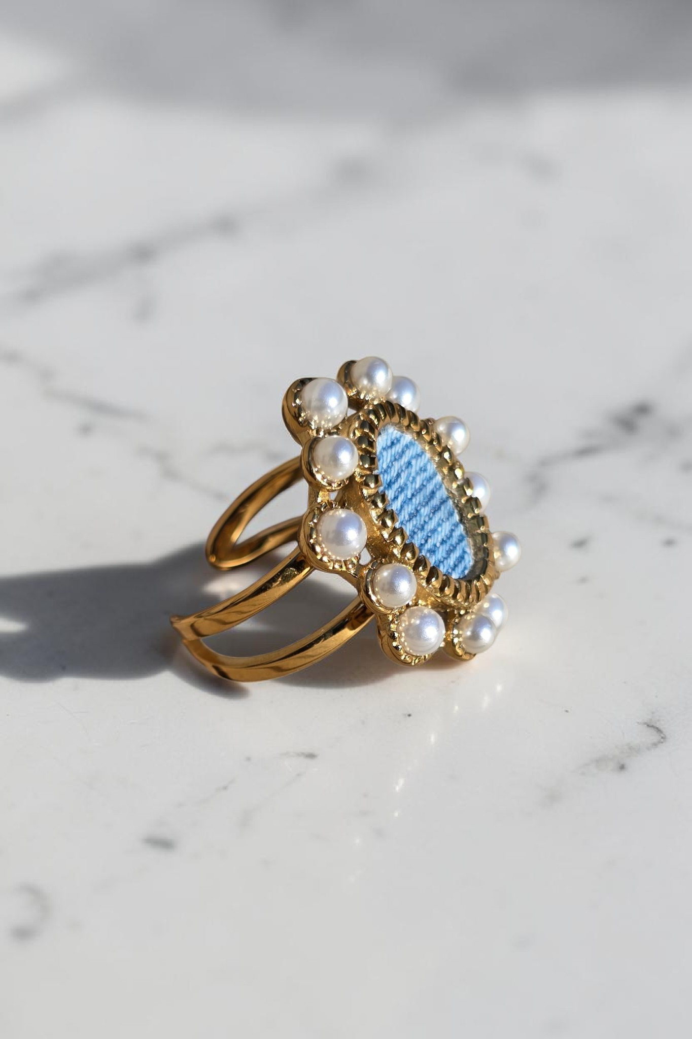 Denim Ring- Vintage Pearl and Gold stainless steel adjustable Jean Ring