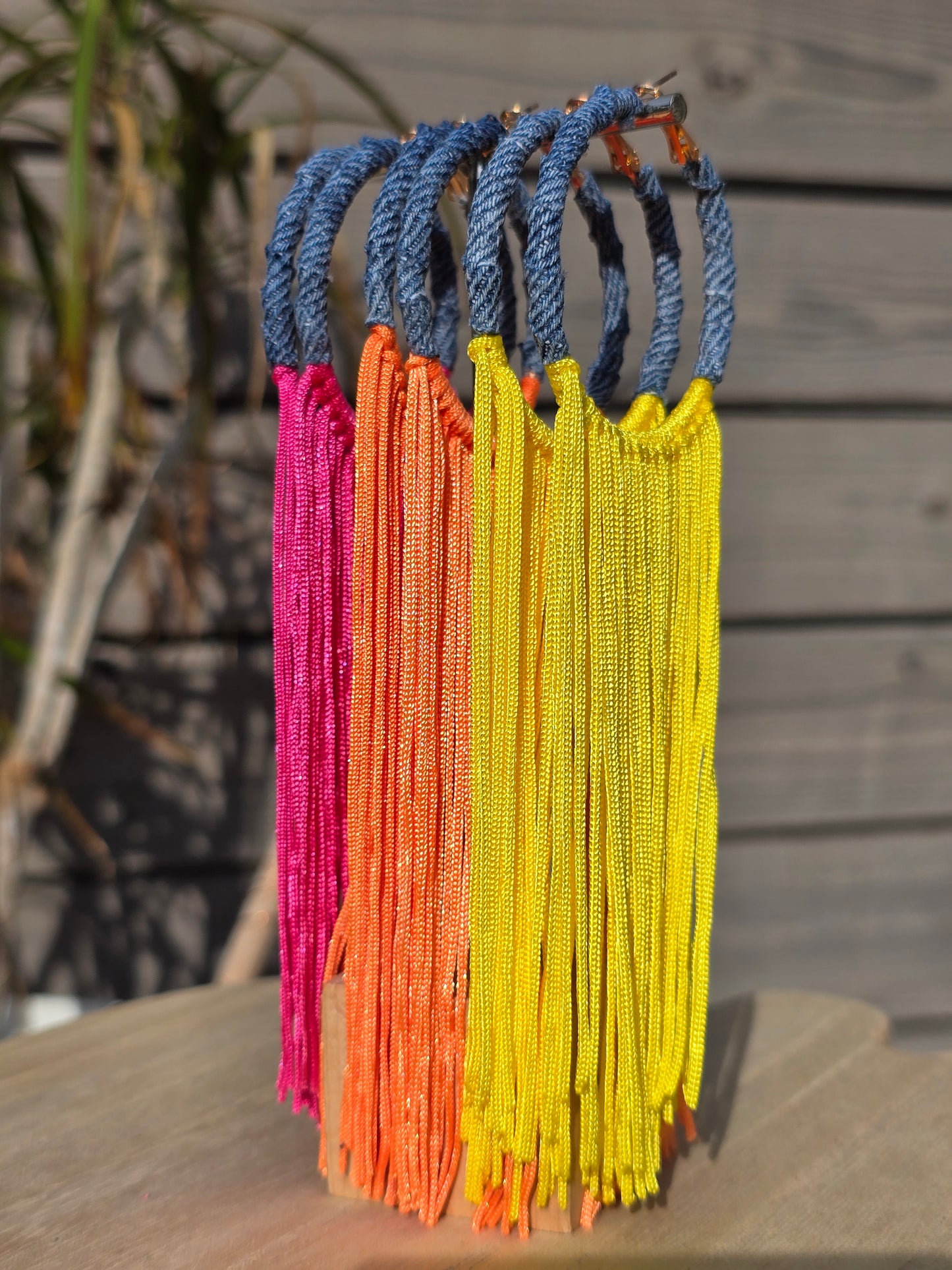 Denim jean hoop- Fabric tassel Earrings- Gold plated