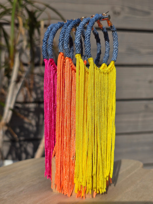 Denim jean hoop- Fabric tassel Earrings- Gold plated