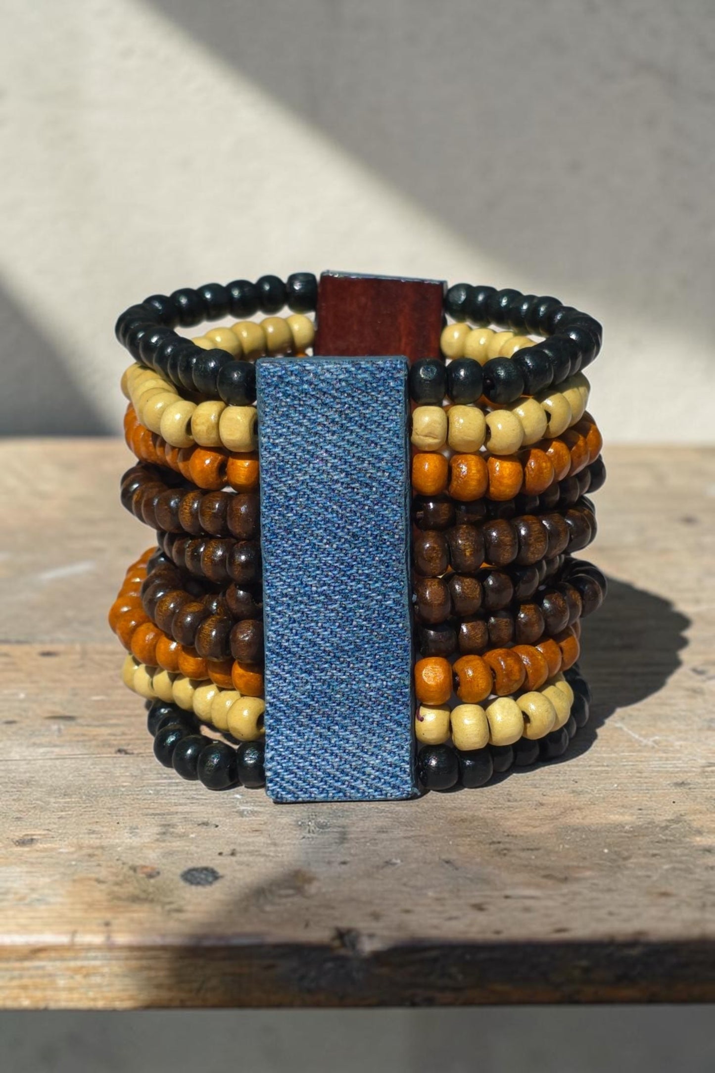 Denim Bracelet- Multi tone wood bead cuff