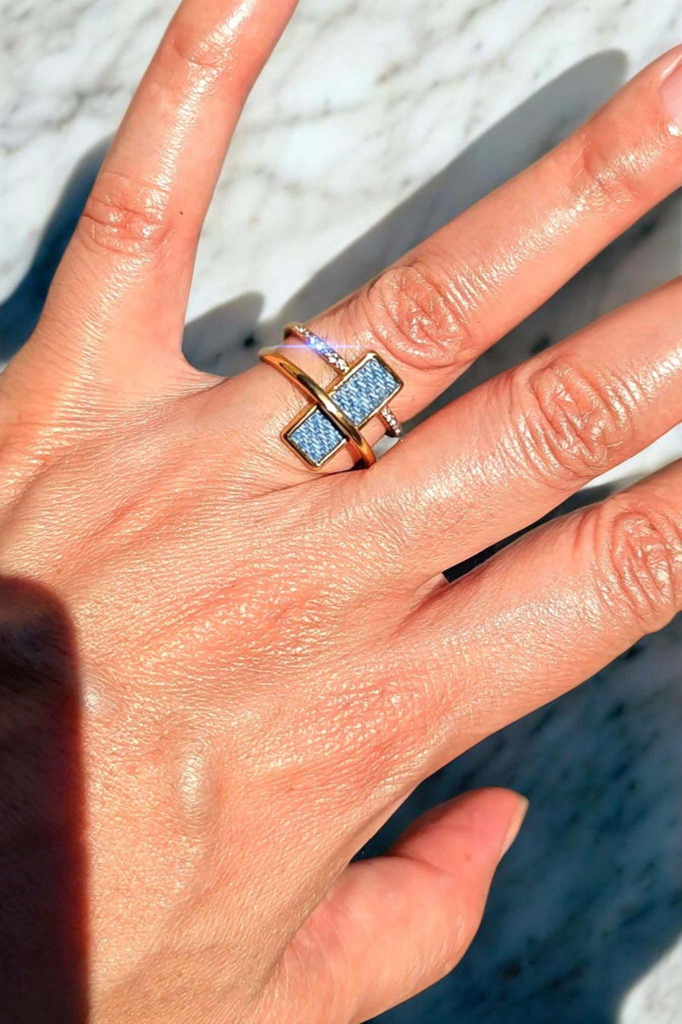 Denim Ring- crystal halo rectangle stainless steel adjustable finger Jean Ring